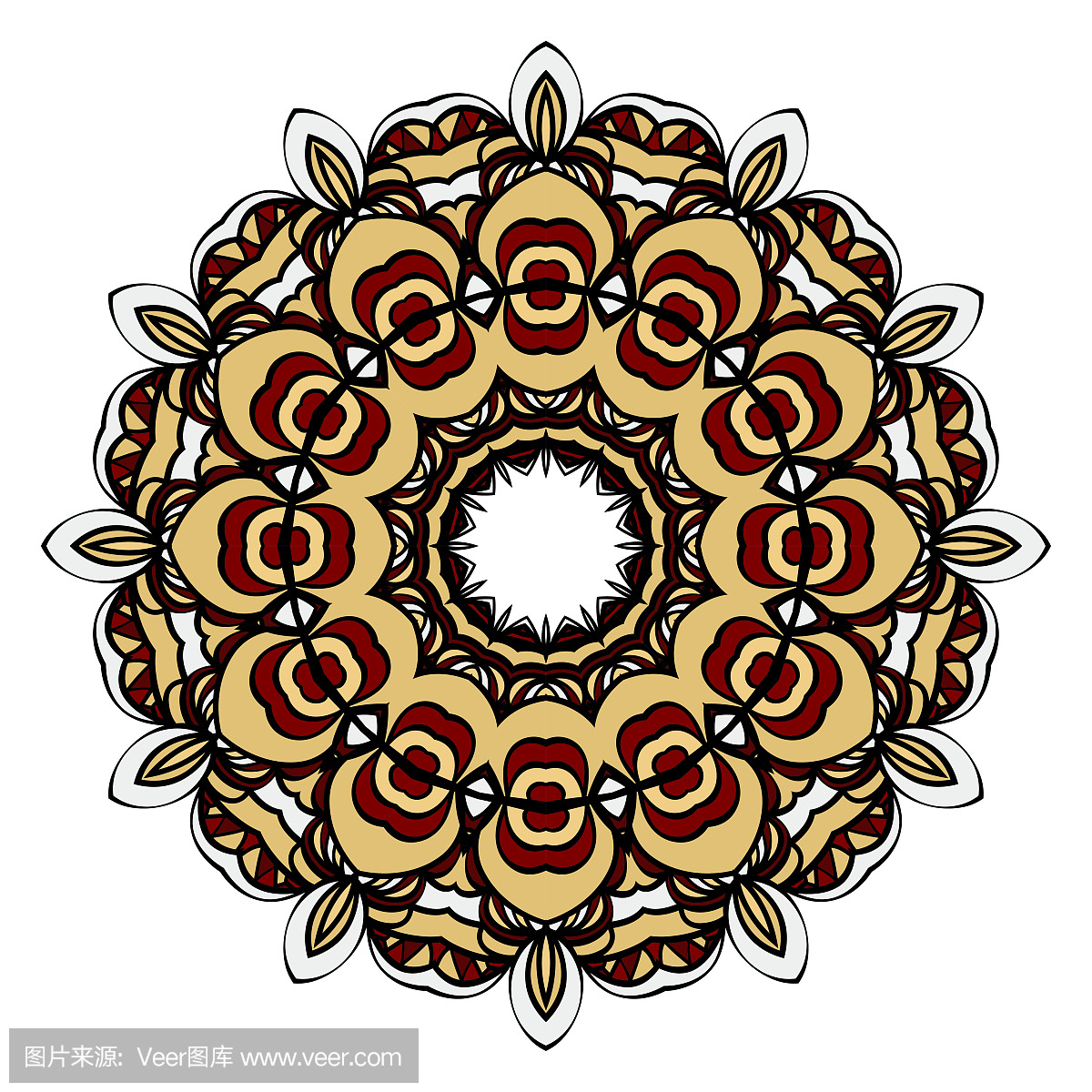 红色、金色曼荼罗圆形装饰设计,用于贺卡、请柬。矢量图